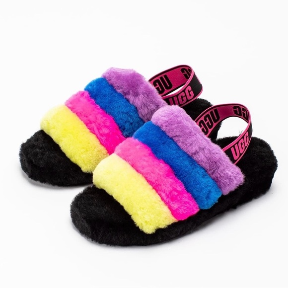 UGG Shoes - UGG Fluff Yeah Slides Sz 6 Rainbow Multicolor Sherpa Slippers
